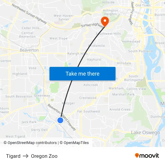 Tigard to Oregon Zoo map