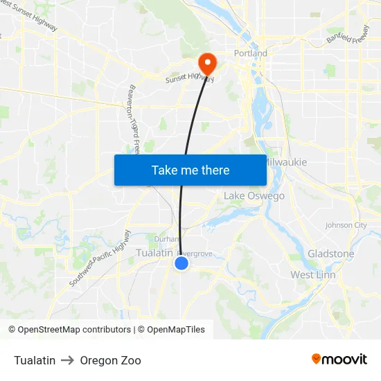 Tualatin to Oregon Zoo map