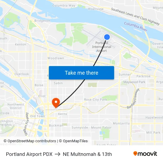 Portland Airport PDX to NE Multnomah & 13th map