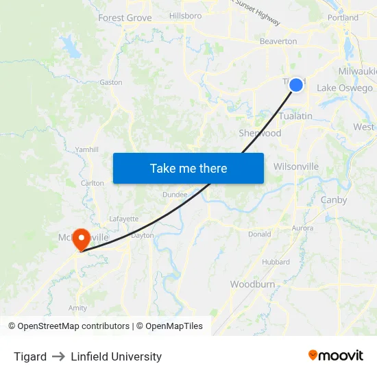 Tigard to Linfield University map