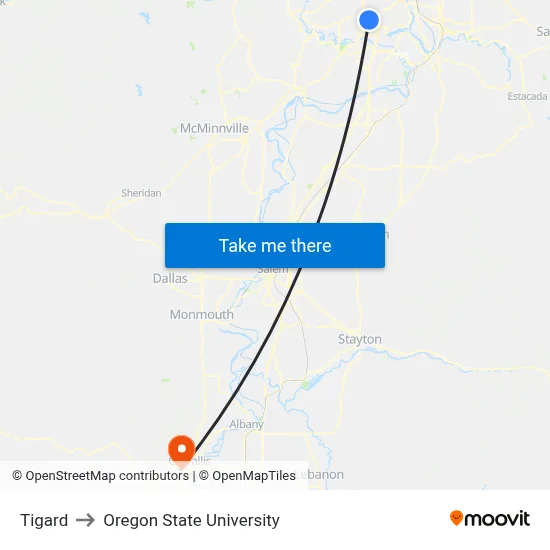 Tigard to Oregon State University map