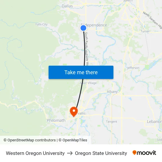 Western Oregon University to Oregon State University map
