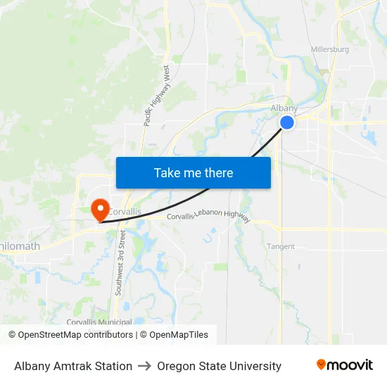Albany Amtrak Station to Oregon State University map