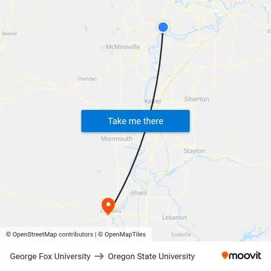 George Fox University to Oregon State University map