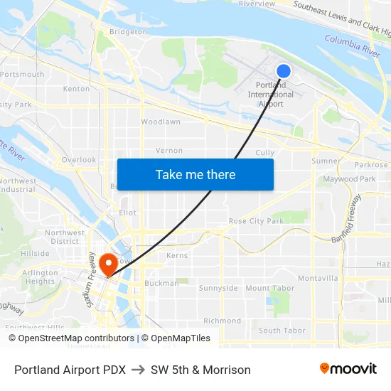 Portland Airport PDX to SW 5th & Morrison map