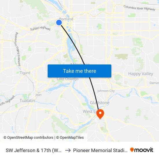 SW Jefferson & 17th (West) to Pioneer Memorial Stadium map