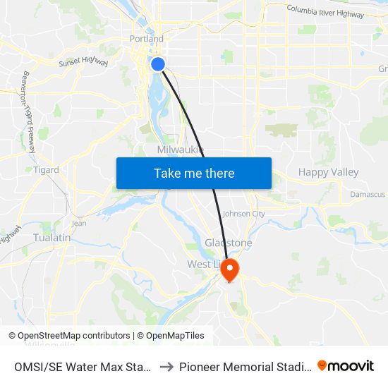 OMSI/SE Water Max Station to Pioneer Memorial Stadium map