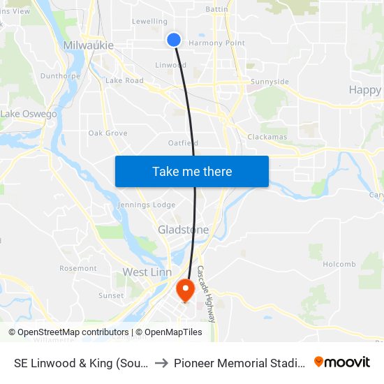 SE Linwood & King (South) to Pioneer Memorial Stadium map