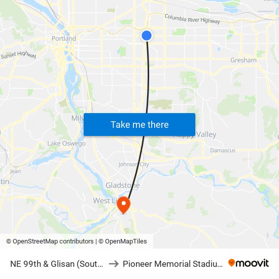 NE 99th & Glisan (South) to Pioneer Memorial Stadium map