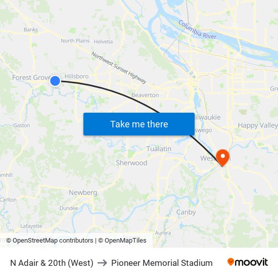 N Adair & 20th (West) to Pioneer Memorial Stadium map
