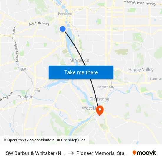 SW Barbur & Whitaker (North) to Pioneer Memorial Stadium map