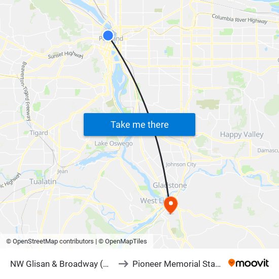 NW Glisan & Broadway (West) to Pioneer Memorial Stadium map