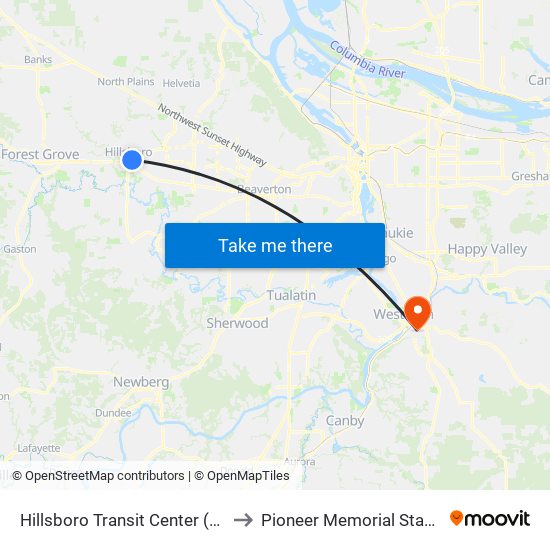 Hillsboro Transit Center (East) to Pioneer Memorial Stadium map