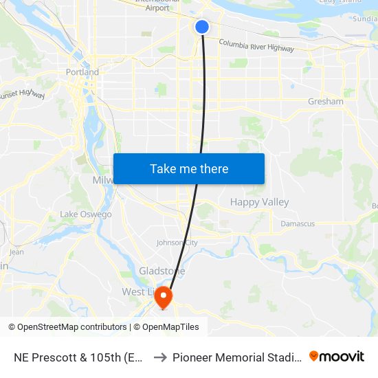 NE Prescott & 105th (East) to Pioneer Memorial Stadium map