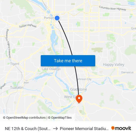 NE 12th & Couch (South) to Pioneer Memorial Stadium map