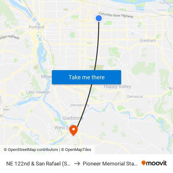 NE 122nd & San Rafael (South) to Pioneer Memorial Stadium map