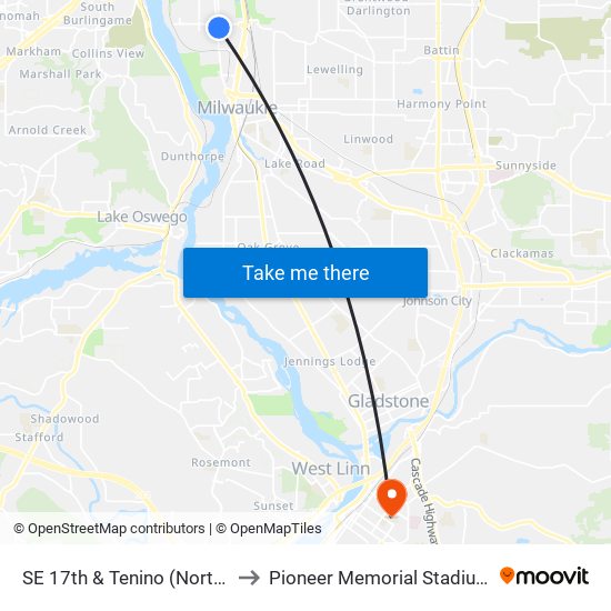 SE 17th & Tenino (North) to Pioneer Memorial Stadium map