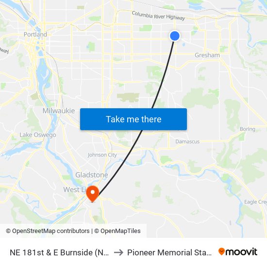 NE 181st & E Burnside (North) to Pioneer Memorial Stadium map