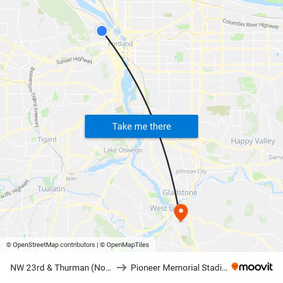 NW 23rd & Thurman (North) to Pioneer Memorial Stadium map