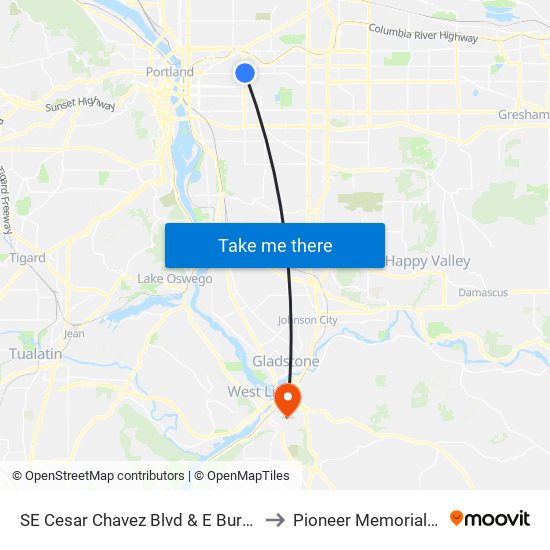 SE Cesar Chavez Blvd & E Burnside (North) to Pioneer Memorial Stadium map