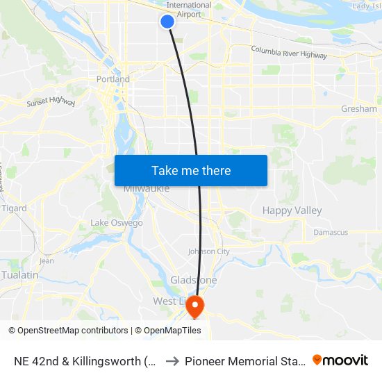 NE 42nd & Killingsworth (North) to Pioneer Memorial Stadium map
