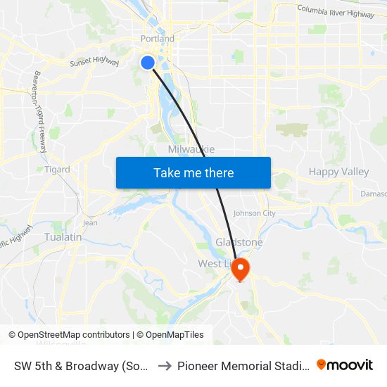 SW 5th & Broadway (South) to Pioneer Memorial Stadium map