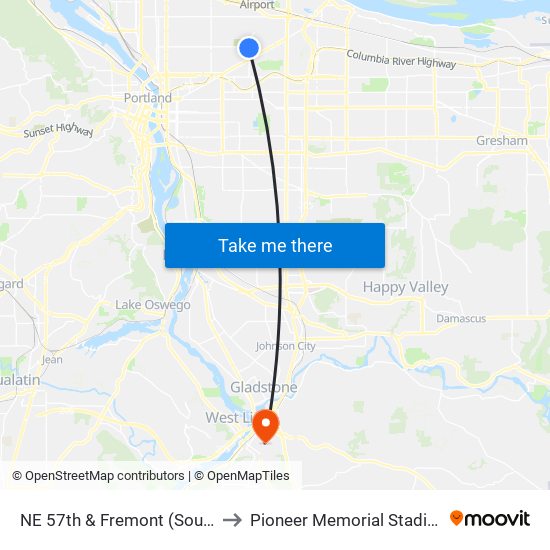 NE 57th & Fremont (South) to Pioneer Memorial Stadium map