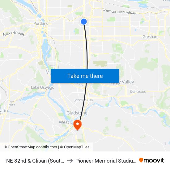 NE 82nd & Glisan (South) to Pioneer Memorial Stadium map