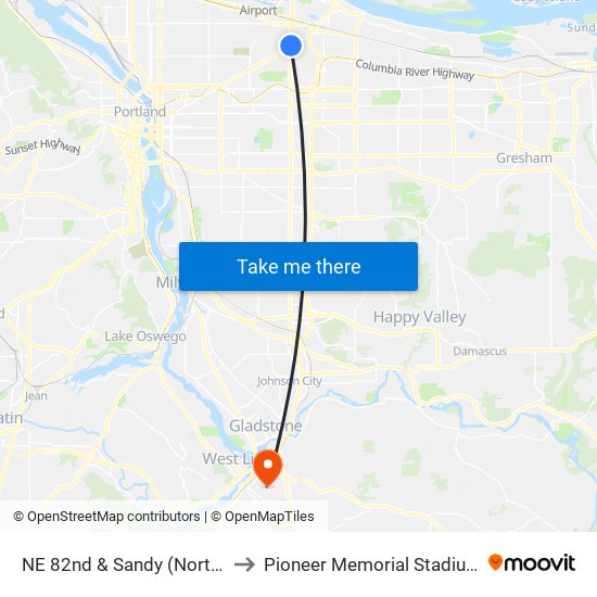 NE 82nd & Sandy (North) to Pioneer Memorial Stadium map