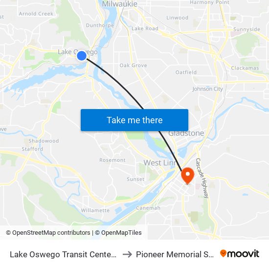 Lake Oswego Transit Center (South) to Pioneer Memorial Stadium map