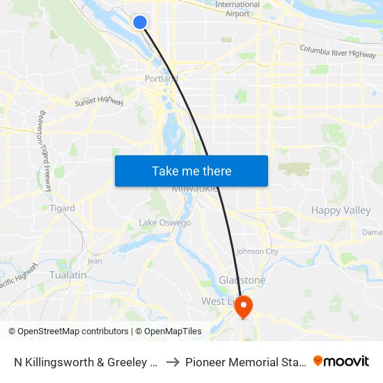 N Killingsworth & Greeley (East) to Pioneer Memorial Stadium map