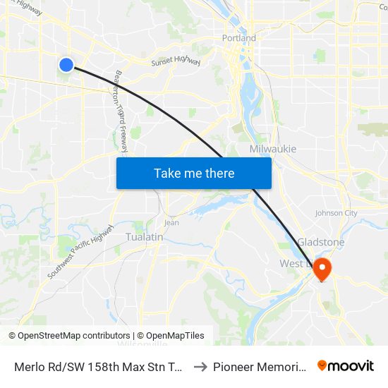 Merlo Rd/SW 158th Max Stn Turnaround (East) to Pioneer Memorial Stadium map