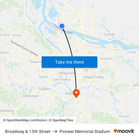 Broadway & 13th Street to Pioneer Memorial Stadium map