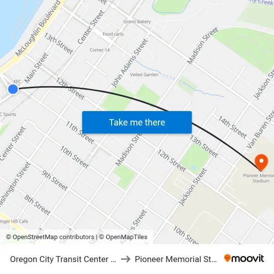 Oregon City Transit Center (West) to Pioneer Memorial Stadium map