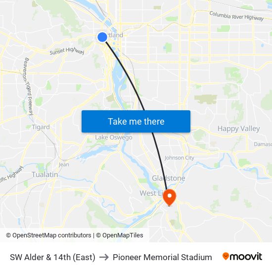 SW Alder & 14th (East) to Pioneer Memorial Stadium map