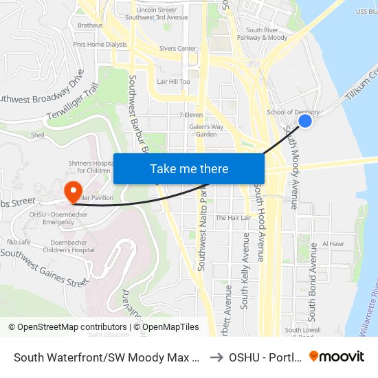 South Waterfront/SW Moody Max Station to OSHU - Portland map