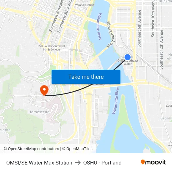 OMSI/SE Water Max Station to OSHU - Portland map