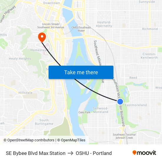 SE Bybee Blvd Max Station to OSHU - Portland map