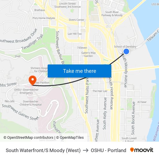 South Waterfront/S Moody (West) to OSHU - Portland map