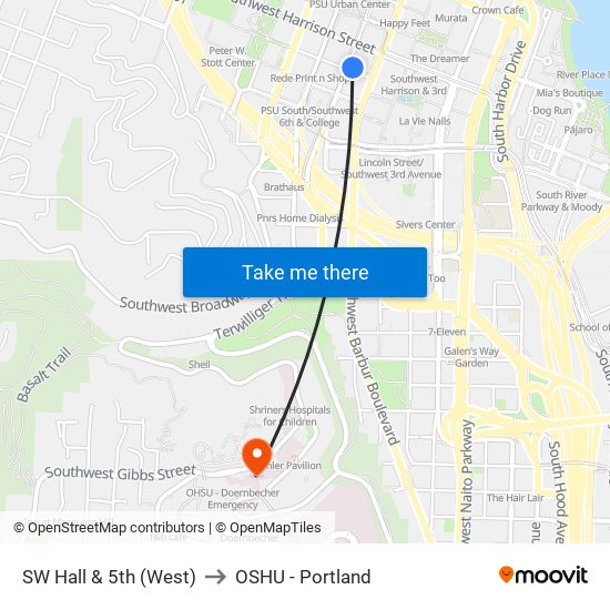 SW Hall & 5th (West) to OSHU - Portland map
