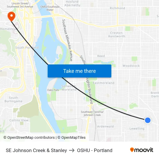 SE Johnson Creek & Stanley to OSHU - Portland map
