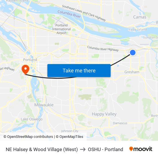 NE Halsey & Wood Village (West) to OSHU - Portland map