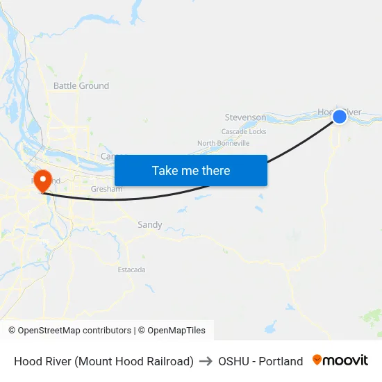 Hood River (Mount Hood Railroad) to OSHU - Portland map