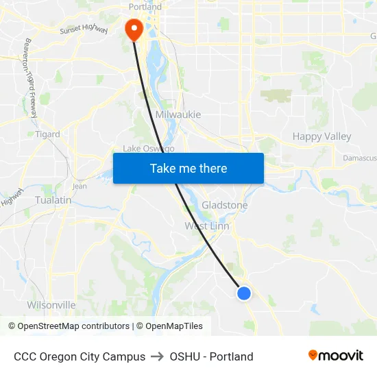 CCC Oregon City Campus to OSHU - Portland map