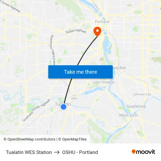 Tualatin WES Station to OSHU - Portland map