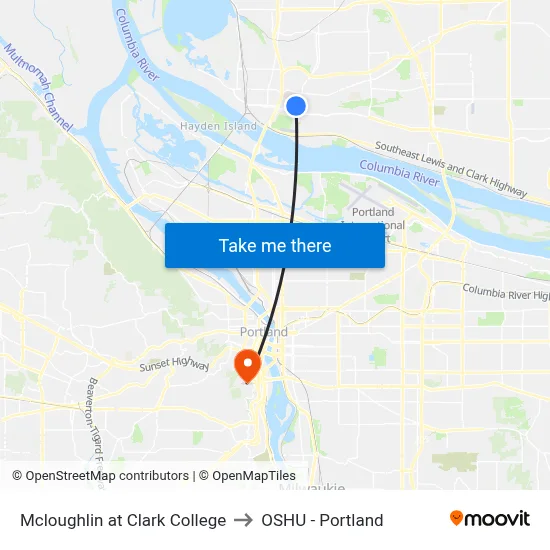 Mcloughlin at Clark College to OSHU - Portland map