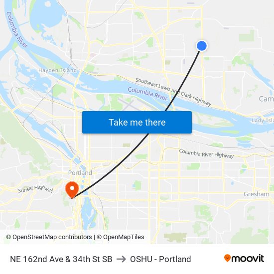 NE 162nd Ave & 34th St SB to OSHU - Portland map