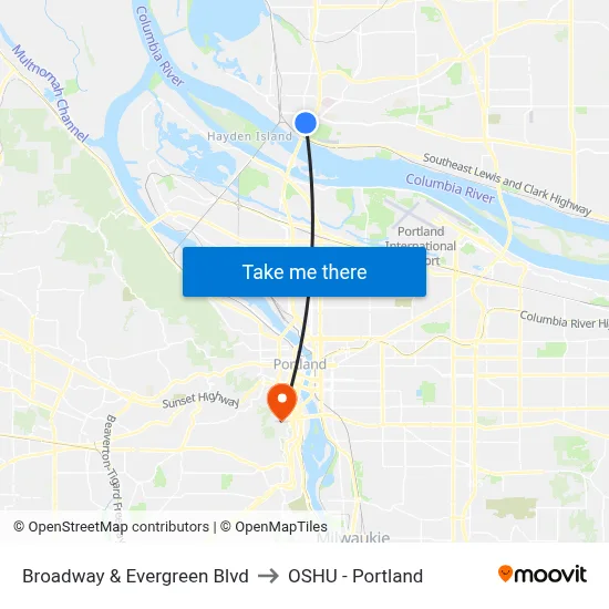 Broadway & Evergreen Blvd to OSHU - Portland map