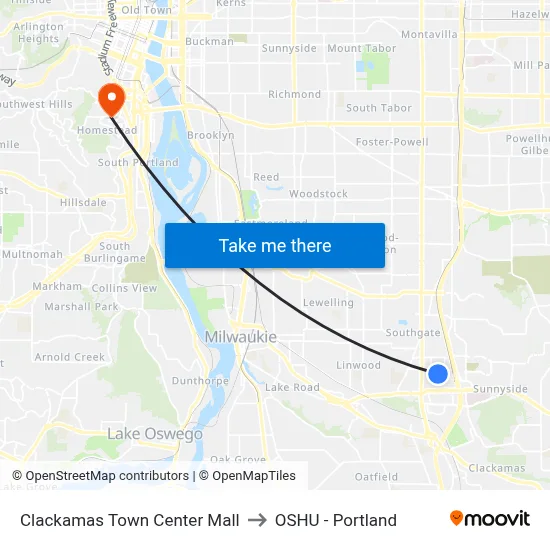 Clackamas Town Center Mall to OSHU - Portland map