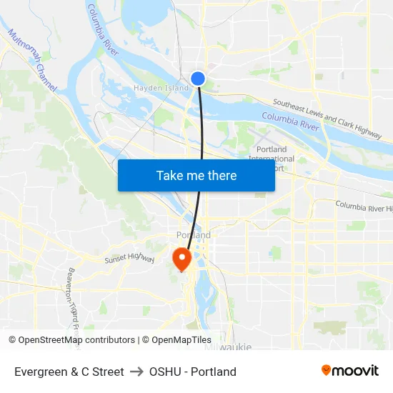 Evergreen & C Street to OSHU - Portland map